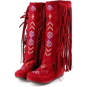 🆕 Red Faux Leather Embroidered Fringe Knee High Cowboy Boots Women’s Western